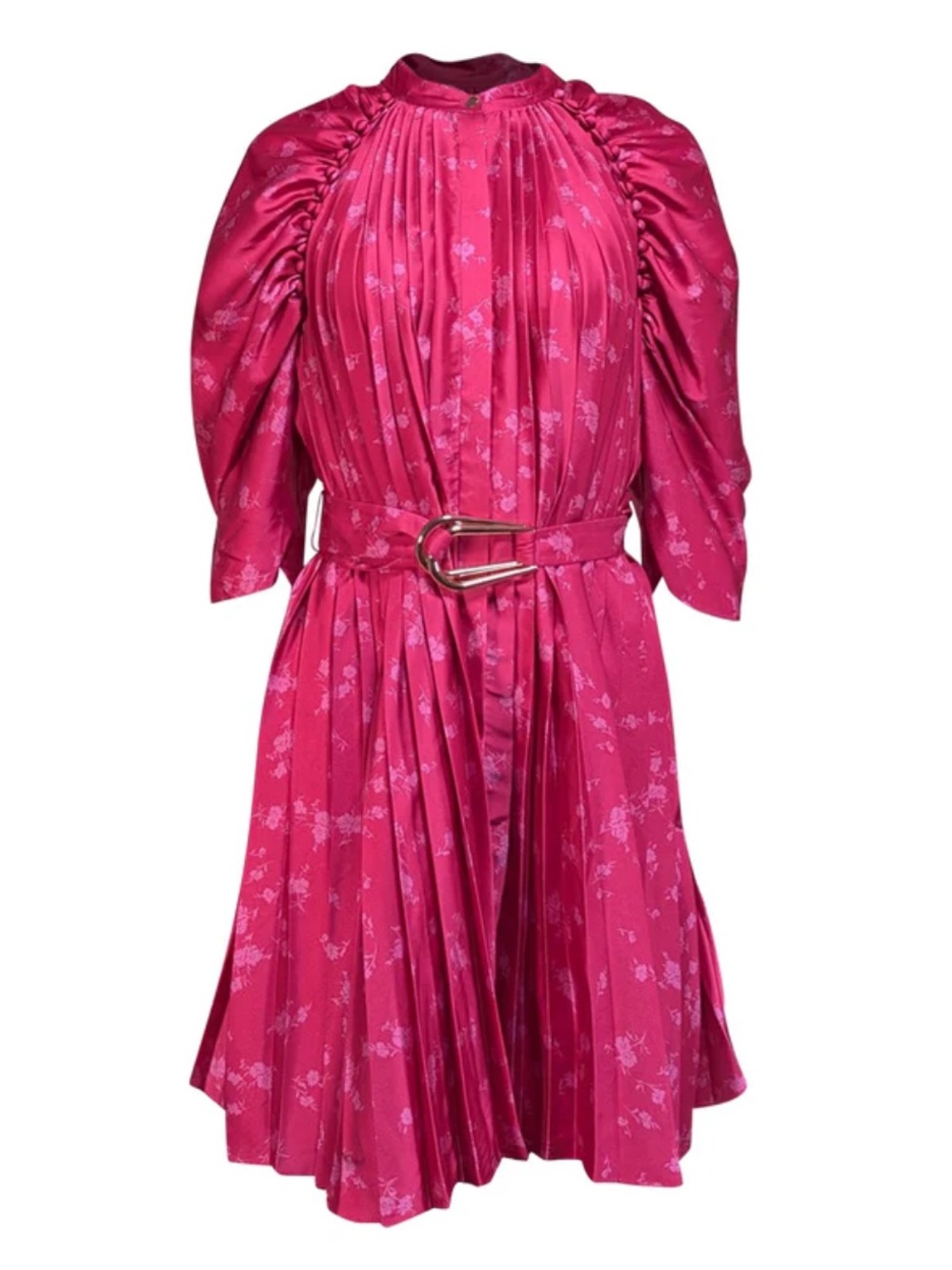 Acler Bright Fuchsia Pleated Satin Floral Dress